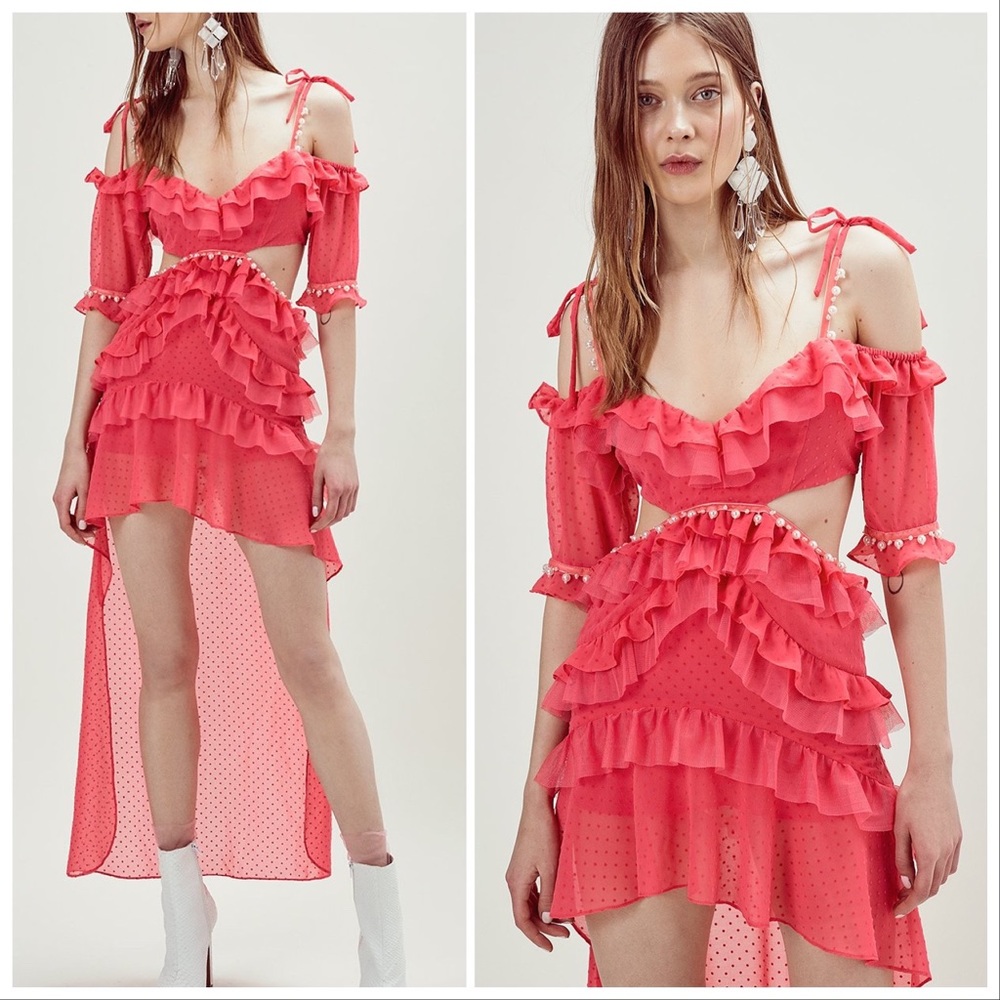 For Love & Lemons Coral Pink Ruffled Maxi Dress
